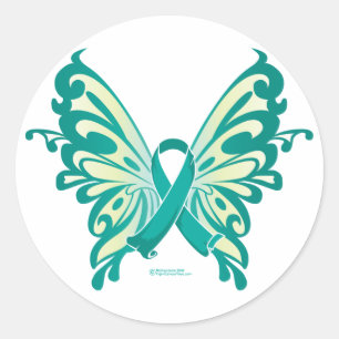 Pegatina Redonda Mariposa de la Cinta del Cáncer de Ovariano