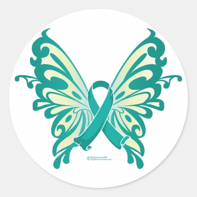 Pegatina Redonda Mariposa de la Cinta del Cáncer de Ovariano (Anverso)
