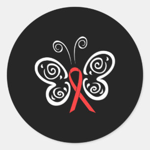 Pegatina Redonda Mariposa de la cinta roja conciencia del cáncer de