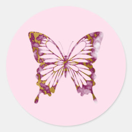 Pegatina Redonda Mariposa de mármol rosa y dorado dulce
