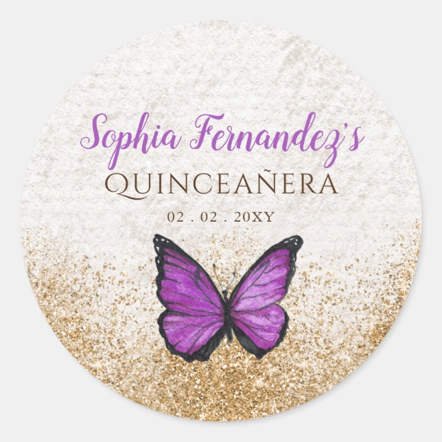 Pegatina Redonda Mariposa de oro púrpura rugosa (Anverso)