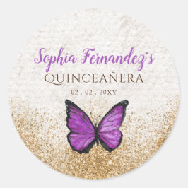 Pegatina Redonda Mariposa de oro púrpura rugosa