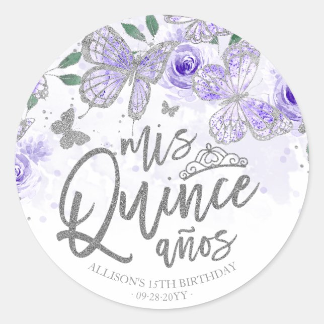 Pegatina Redonda Mariposa de plata morada Quinceañera (Anverso)
