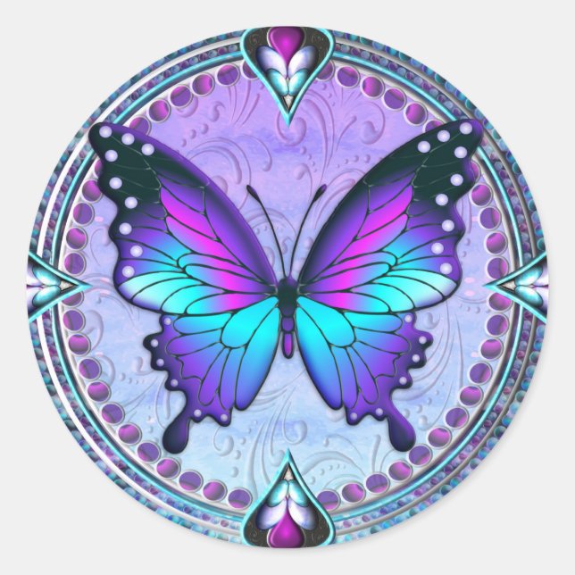 Pegatina Redonda Mariposa de sublimación con fondo (Anverso)