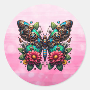 Pegatina Redonda Mariposa de vapor con engranajes y flores