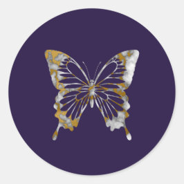 Pegatina Redonda Mariposa elegante de mármol blanco y oro