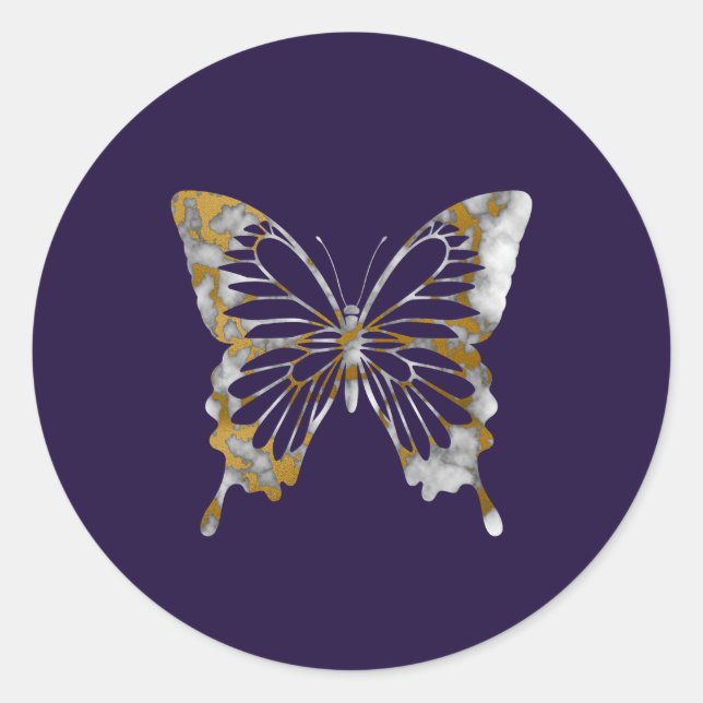 Pegatina Redonda Mariposa elegante de mármol blanco y oro (Anverso)