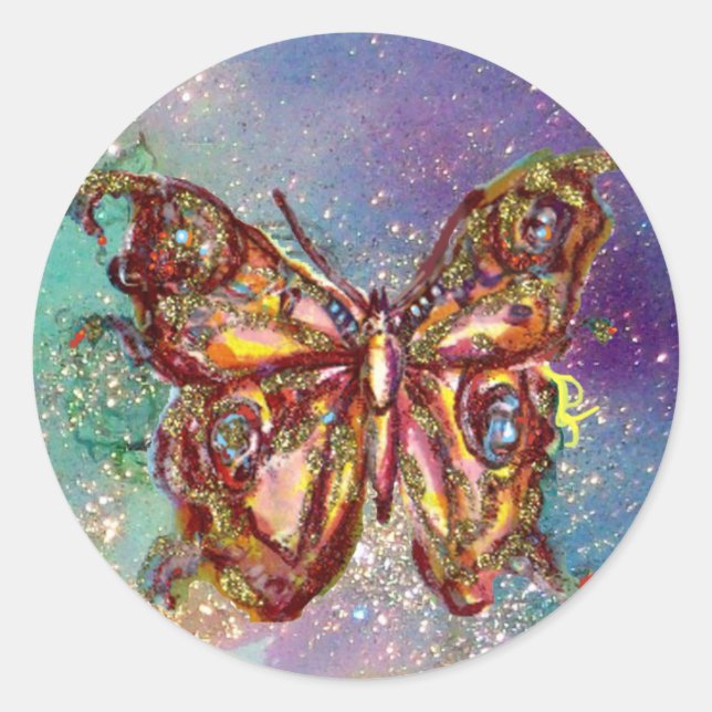 PEGATINA REDONDA MARIPOSA EN BRILLOS DE ORO (Anverso)