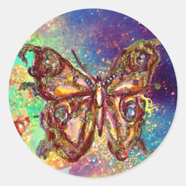 PEGATINA REDONDA MARIPOSA EN BRILLOS DE ORO (Anverso)