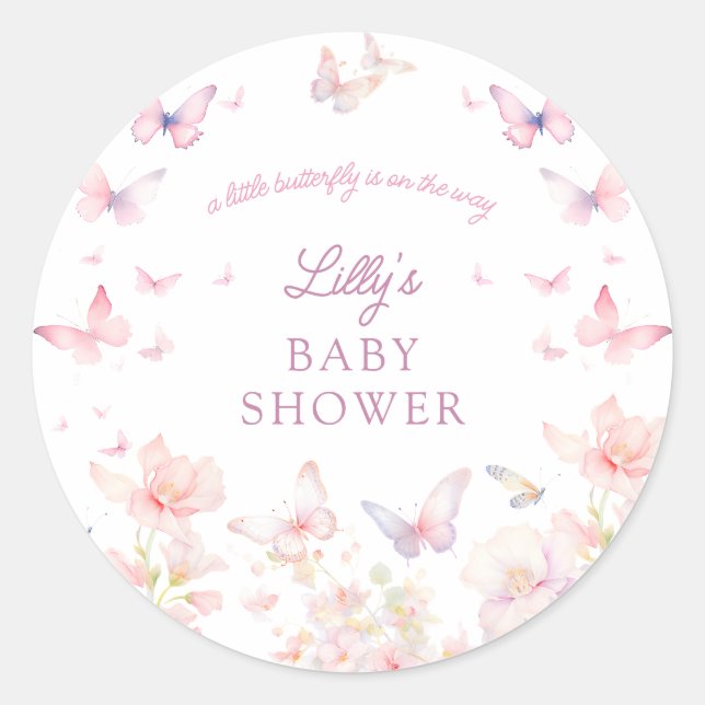 Pegatina Redonda Mariposa en el Baby Shower Way Pink Flowers (Anverso)