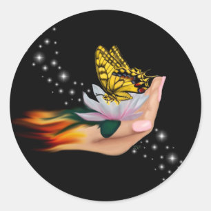 Pegatina Redonda Mariposa en Lotus Bloom