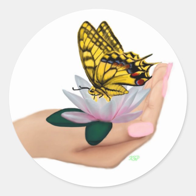 Pegatina Redonda Mariposa en Lotus Bloom (Anverso)