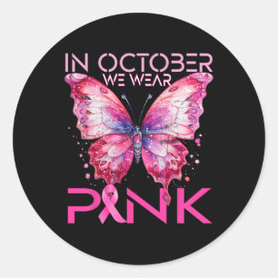 Pegatina Redonda Mariposa En Octubre Usamos Cáncer De Mama Rosa