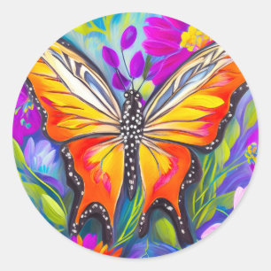 Pegatina Redonda Mariposa en un campo de flores