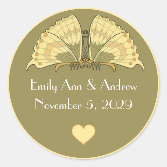 Pegatina Redonda Mariposa estilo Art Decó de color amarillo (Anverso)