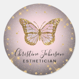 Pegatina Redonda mariposa falsa purpurina de oro