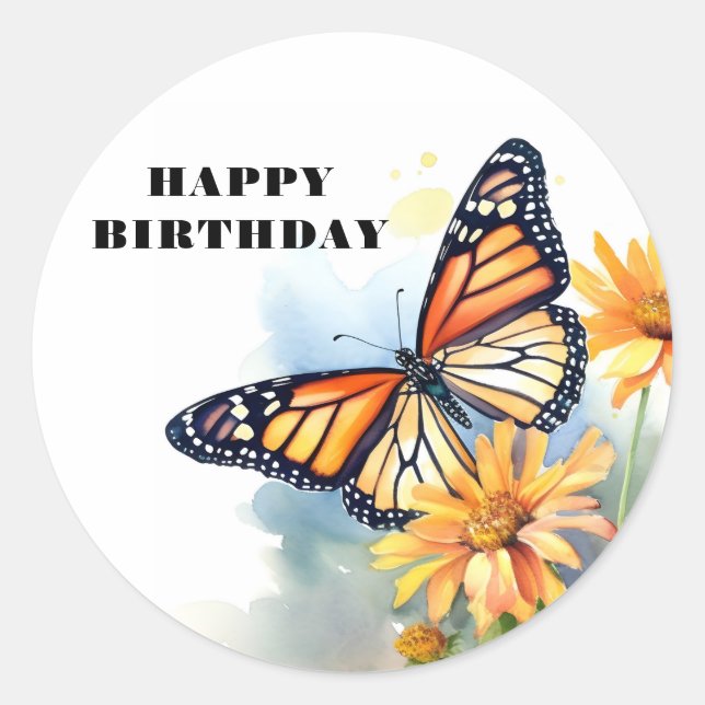 Pegatina Redonda Mariposa feliz cumpleaños (Anverso)