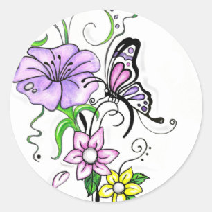 Pegatina Redonda Mariposa floral