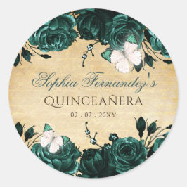 Pegatina Redonda Mariposa Floral Esmeralda Vintage Rústica
