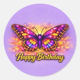 Pegatina Redonda Mariposa Mágica de Cumpleaños Dorada y Púrpura Fel