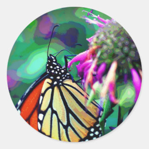 Pegatina Redonda Mariposa Monarca En Arte De Flor