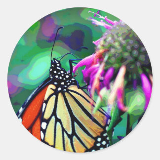 Pegatina Redonda Mariposa Monarca En Arte De Flor