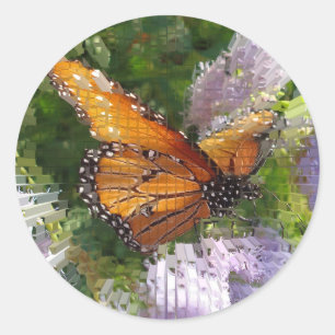 Pegatina Redonda Mariposa Monarca en Flores Foto Artística en Mosai