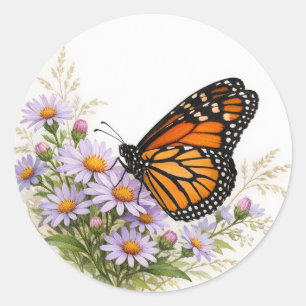 Pegatina Redonda Mariposa Monarca Floral Realista