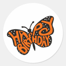 Pegatina Redonda Mariposa monarca negra y Naranja Feliz cumpleaños