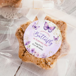 Pegatina Redonda Mariposa morada y dorada floral primer cumpleaños