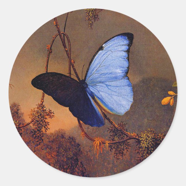 Pegatina Redonda Mariposa morfa azul, arte fino, (Anverso)