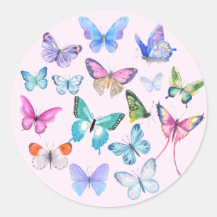 Pegatina Redonda Mariposa, naturaleza, primavera, rosa, fiesta de d