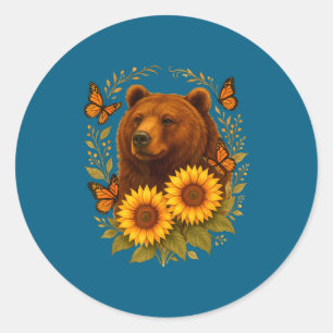 Pegatina Redonda Mariposa Oso Naturaleza Rústica Girasol Monarca Ar