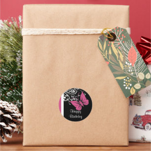 Pegatina Redonda Mariposa personalizada Swirls Cranberry Pink