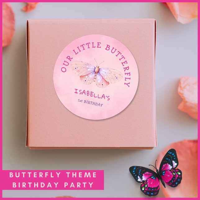 Pegatina Redonda Mariposa Primer tema de cumpleaños Fiesta de acuar (Butterfly 1st Birthday Theme Pink Watercolor Party Classic Round Sticker
)