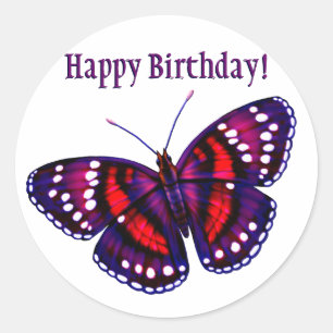 Pegatina Redonda Mariposa púrpura tropical del feliz cumpleaños