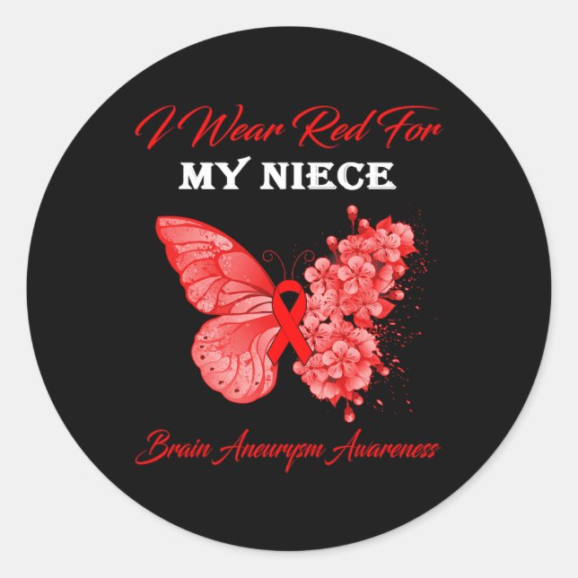 Pegatina Redonda Mariposa Que Uso Rojo Para Mi Niece Aneurysmo Cere (Anverso)