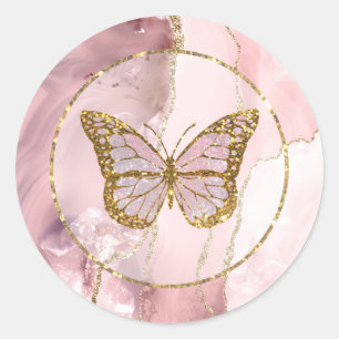 Pegatina Redonda mariposa rosa