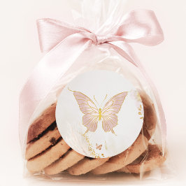 Pegatina Redonda Mariposa rosa con rubor dorado