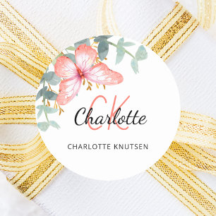 Pegatina Redonda Mariposa rosa dorado melocotón verde gracias