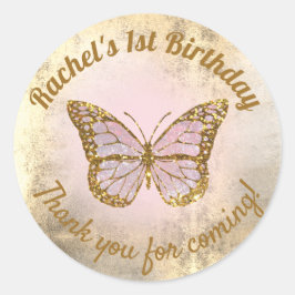 Pegatina Redonda Mariposa rosa gracias por venir