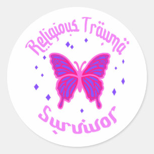 Pegatina Redonda Mariposa rosa morada Sobreviviente de trauma relig
