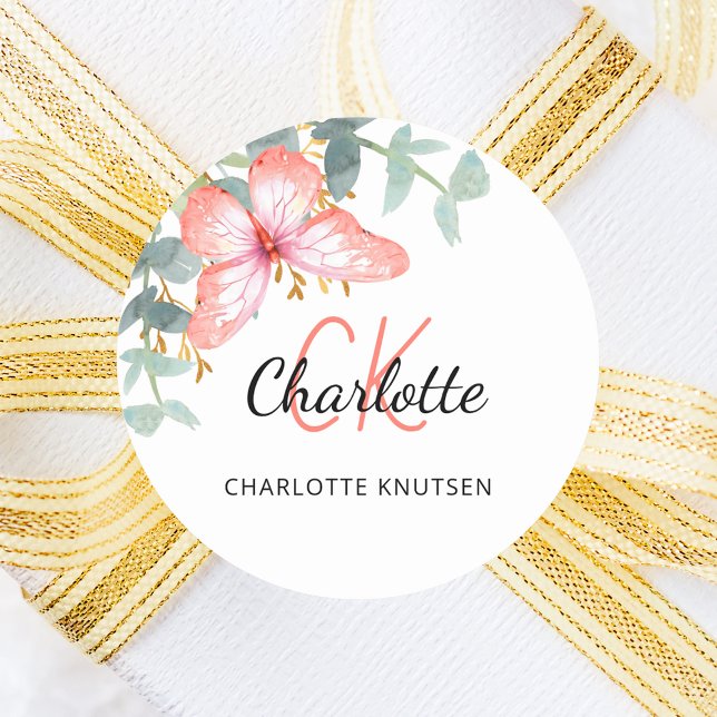 Pegatina Redonda Mariposa rosa oro melocotón verde gracias (Subido por el creador)