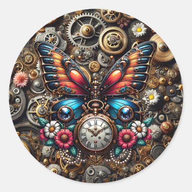 Pegatina Redonda Mariposa Steampunk y Pockletwatch (Anverso)