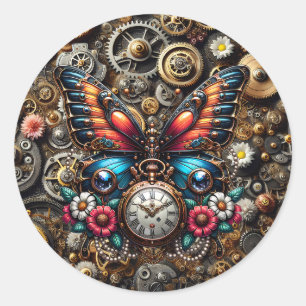 Pegatina Redonda Mariposa Steampunk y Pockletwatch