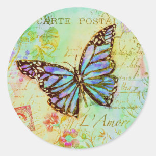 Pegatina Redonda mariposa verde azulada y púrpura