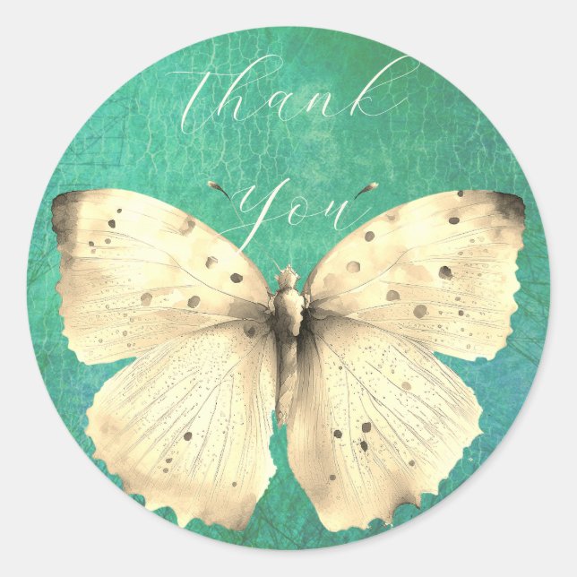 Pegatina Redonda Mariposa verde romántica gracias (Anverso)