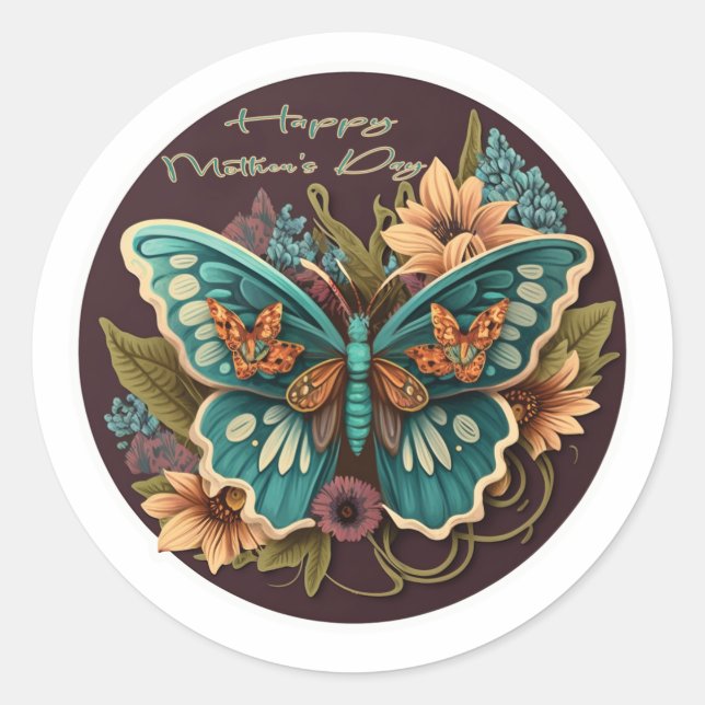 Pegatina Redonda Mariposa y flores Felices Pegatinas del Día de la  (Anverso)