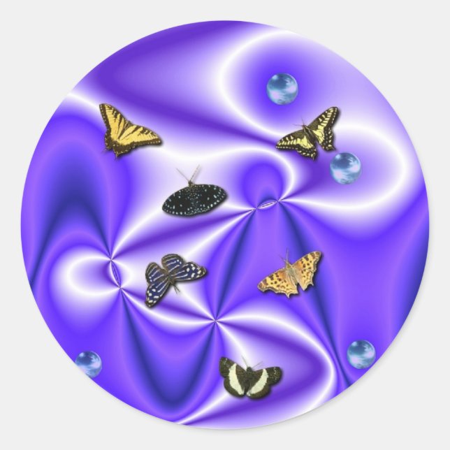 Pegatina Redonda Mariposa y Perlas en seda morada (Anverso)