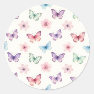 Pegatina Redonda Mariposas Acuarela Patrón Flor de Cerezo